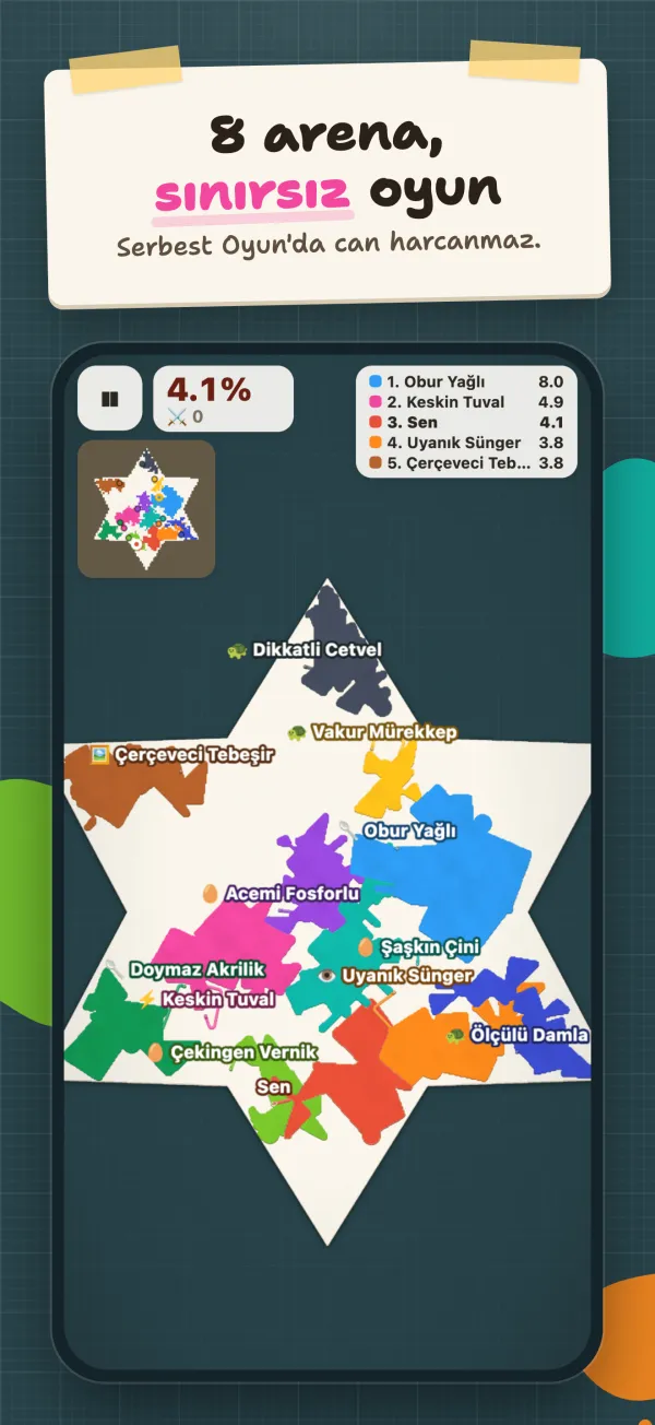 8 arena, sınırsız oyun. Serbest Oyun'da can harcanmaz.