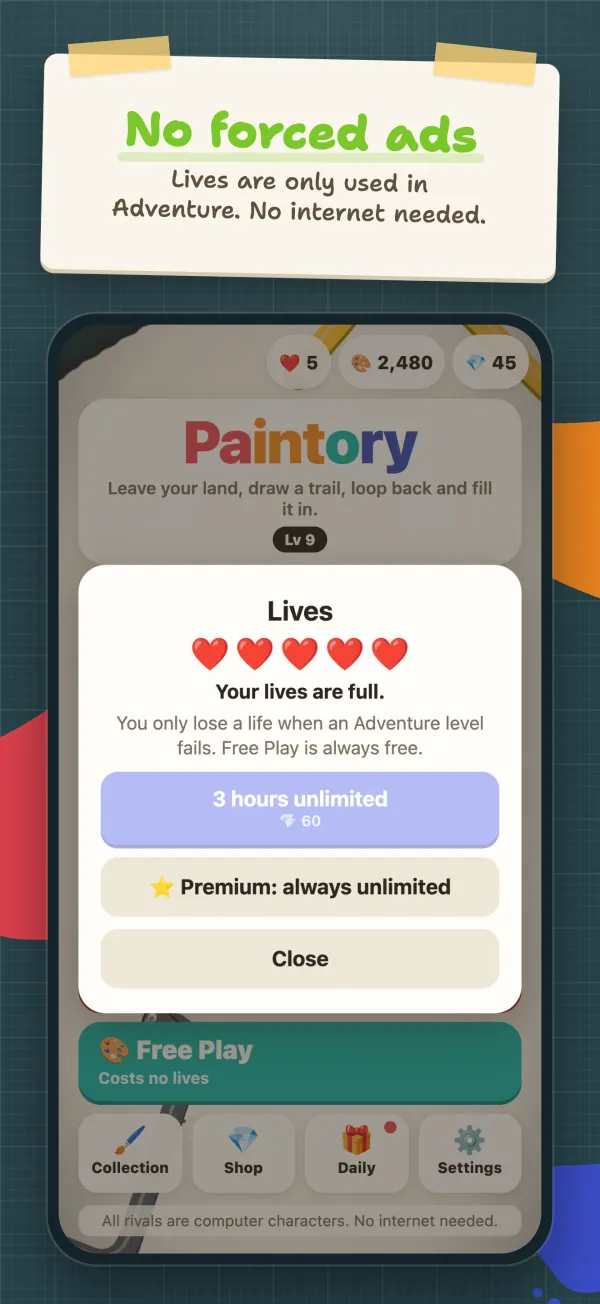 No forced ads. Lives are only used in Adventure. No internet needed.